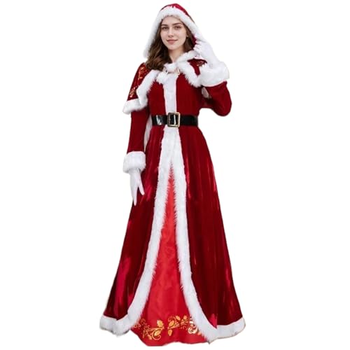 AOpghY Frau Claus Kostüm Erwachsene Frauen, 4pcs/Set Frau Claus -Kleid mit rotem Kapuzenumhang, Gürtel ＆ Handschuhen, Santa Claus Kostüm, 2XL Urlaubskostüme und Dressvorräte von AOpghY