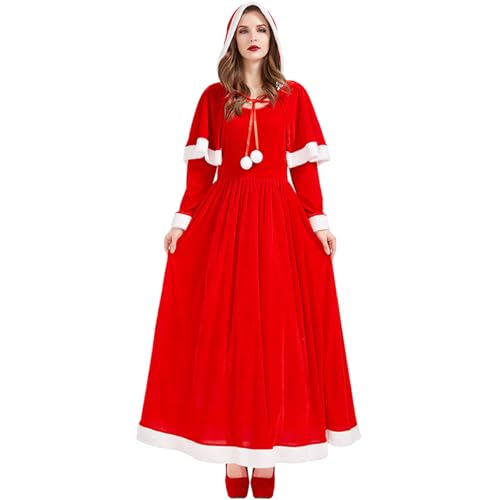 AOpghY Frau Claus Kostüm Erwachsene Frauen, weicher bequemer runder Nacken Frau Claus Kleid mit Kapuzenschal, Weihnachtskostüm mit großen Hemlen, Ferien und Maskerade -Dress -up -Vorräten von AOpghY