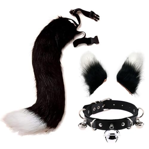 AOpghY Fuchsohren und Schwanz Halloween Wolf Ohren und Schwanz- und Lederhals Halshalshöre Realistisches personalisiertes Therian Katze Pelzige Kostüm (schwarz und weiß) Dress Up and toend Ware von AOpghY