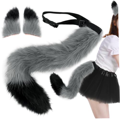 AOpghY Fuchsohren und Schwanzset Fuchsschwanz und Fuchs Ohren Haarclip 25.6 '' langer flauschiger pelziger Schwanz Therian Gear Fuchs Kostüme grau vor, um Spielen zu spielen von AOpghY