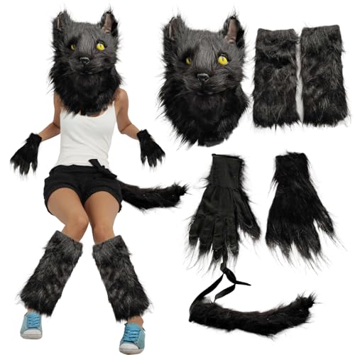 AOpghY Halloween Black Cat Kostüm für Erwachsene Frauen mit pelziger Katzenmaske, Katzenpfotenhandschuhe, Katzenschwanz- und Beinwärmer Fuchs Wolf Pelzige Kostüm Festliche Masquerade -Kleidermaterial von AOpghY