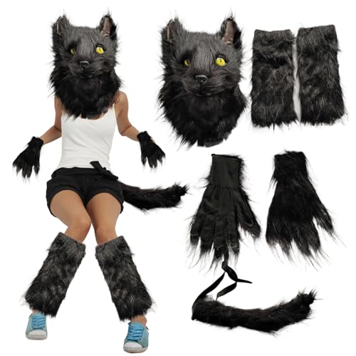 AOpghY Halloween Black Cat Kostüm für Erwachsene Frauen mit pelziger Katzenmaske, Katzenpfotenhandschuhe, Katzenschwanz- und Beinwärmer Fuchs Wolf Pelzkostüm Masquerade Party Dress endet von AOpghY