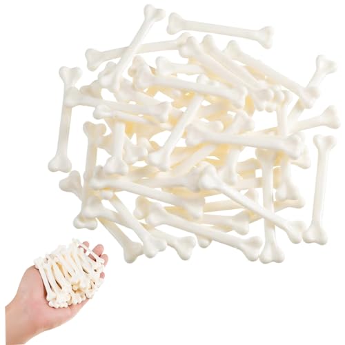 AOpghY Halloween Fake Bones, 50pcs 2,76in Mini Plastikknochen, weiße Skelettknochen mit Loch, DIY Halloween Skelettknochen für Halloween, Höhlenmensch, weiße Neuheitenspielzeug von AOpghY