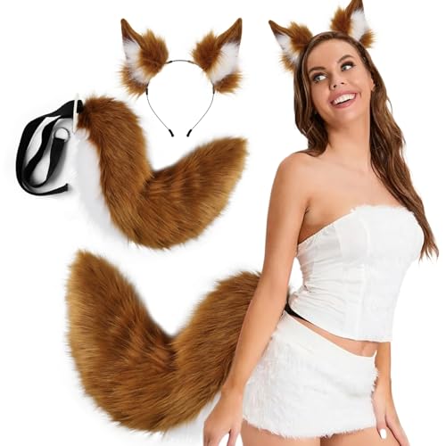 AOpghY Halloween Fox Ohren und Schwanzset, weiche flauschige Fuchs -Ohren -Stirnband und einstellbare pelzige Schwanz, Fox -Kostüm für Halloween -Party -Cosplay -Kostüm, Brown Cosplay Party Supplies von AOpghY