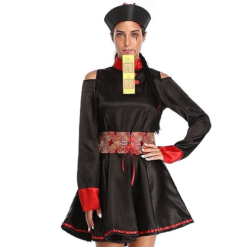 AOpghY Halloween-Kostüme für Damen, chinesisches Zombie-Kostüm, Vintage-Stickerei-Druck, rotes und schwarzes Zombie-Kleid aus der Qing-Dynastie mit Hut und Gürtel, M, Rollenspiel-Zubehör von AOpghY