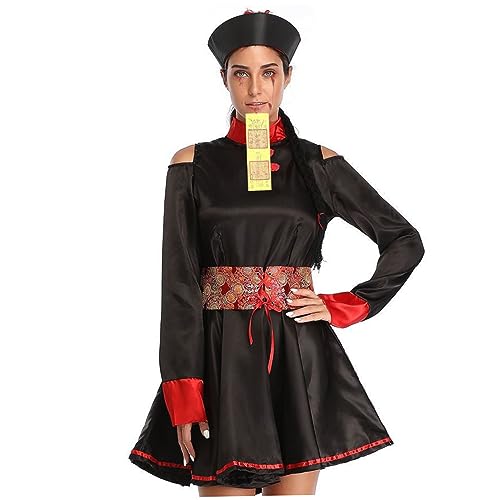 AOpghY Halloween -Kostüme für Frauen chinesische Zombie -Kostüm Vintage Stickerei Drucken rote und schwarze Qing -Dynastie Zombie Kleid mit Hut und Gürtel XL Trep Play Supplies von AOpghY