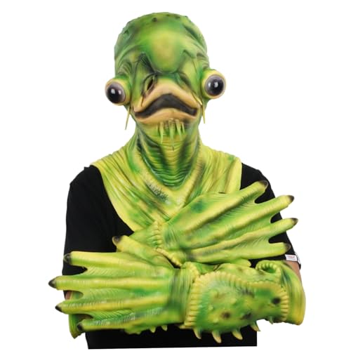 AOpghY Halloween -Masken Halloween Catfish Green Full Head Fischmaske mit 1 Paar Handschuhen Latexfischkostüm für Erwachsene mit atmungsaktiven Löchern Maskerade Dressvorräte von AOpghY