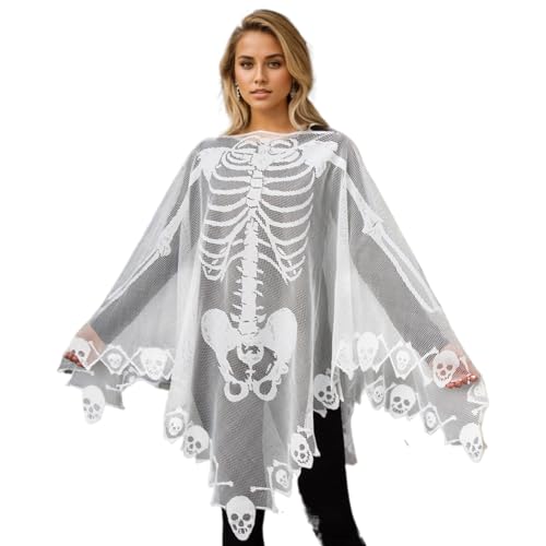 AOpghY Halloween Skeleton Kostüm Spitze Skelett Poncho für Frauen Skelett Cape 57x57 Zoll weißes Skelett Kostüm Poncho Halloween Kostüm Dress Up und Tat Goods von AOpghY