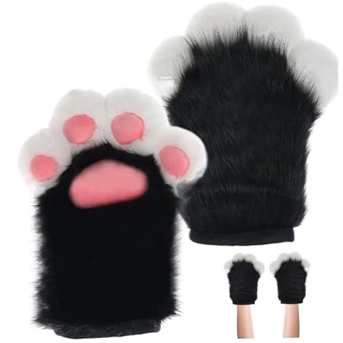 AOpghY Halloween pelzige Pfoten 1 Paar Faux Pelze Plüschkatze Pfoten Handschuhe Fingerlose Therianpfoten süße Pursuitpfoten für Halloween -Cosplay -Kostümzubehör, Schwarze und weiße Pfotenhandschuhe von AOpghY