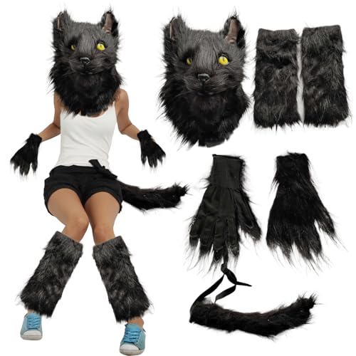 AOpghY Halloween schwarzer Katzenkostüm für Erwachsene Frauen mit pelziger Katzenmaske, Katzenpfotenhandschuhe, Katzenschwanz- und Beinwärmer Fuchs Wolf Pelzkostüm Maskerade Dress endet von AOpghY