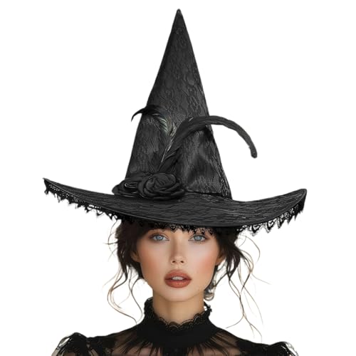 AOpghY Hexenhut für Frauen Spitzenzauberer Hut mit Blumendekor Faltbare Schwarze Hexenhut Freigröße Crazy Hut für Hexenkostüm, Cosplay, Halloween Party Maskerade Dress endet von AOpghY