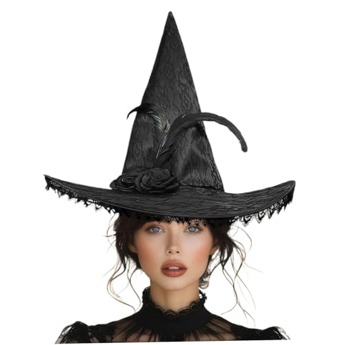 AOpghY Hexenhut für Frauen Spitzenzauberer Hut mit Blumendekor Falten Schwarze Hexenhut Freigröße Crazy Hut für Hexenkostüm, Cosplay, Halloween Party Cosplay Party Supplies von AOpghY