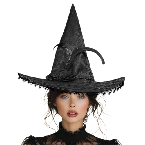 AOpghY Hexenhut für Frauen Spitzenzauberer Hut mit Blumendekor schwarzer Hexenhut Freigröße Crazy Hut für Hexenkostüm, Cosplay, Halloween Party Masquerade Party Dress endet von AOpghY