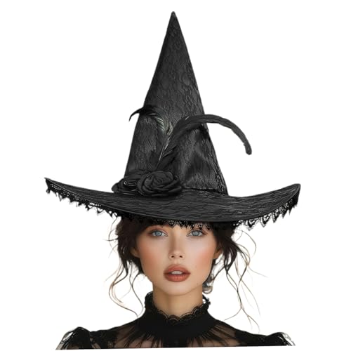 AOpghY Hexenhut für Frauen Spitzenzauberer Hut mit Blumendekor schwarzer Hexenhut Freigröße Crazy Hut für Hexenkostüm, Halloween Party Festive Masquerade Dress endet von AOpghY