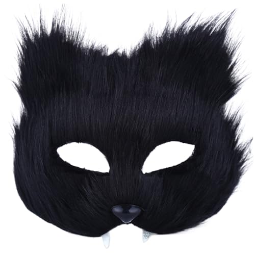 AOpghY Katzenmaske Halbgesicht Langes Plüschfuchs Maske Künstliche realistische Therian Maske Schwarze Tiermaske für Maskerade, Halloween, Dress -up, Cosplay Masquerade Dress endet von AOpghY