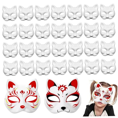 AOpghY Katzenmasken zum Malen 30pcs DIY White Cat Maske niedliche realistische Therian Maske Dekorative Halbgesicht Tiermaske für Halloween Masquerade Cosplay Party Dress Up Supplies von AOpghY