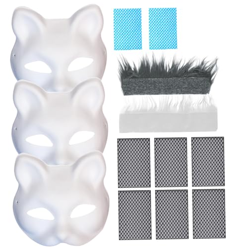 AOpghY Katzenmasken zum Malen von 3pcs realistische weiße Katzenmaske mit Furr & Eye Mesh DIY Friendly Therian Maske Halbgesicht PVC Tiermaske für Halloween, Maskerade, Cosplay -Masken von AOpghY