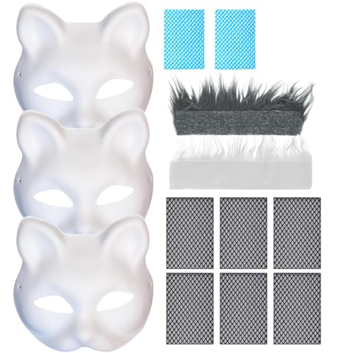 AOpghY Katzenmasken zum Malen von 3pcs realistische weiße Katzenmaske mit Furr & Eye Mesh Therian Maske Halbgesicht PVC Tiermaske für Halloween, Maskerade, Cosplay Cosplay Party Supplies von AOpghY