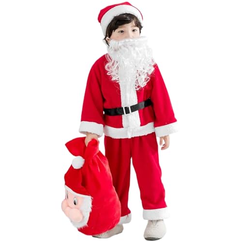 AOpghY Kids Santa Kostüm, 6pcs/Set Red Santa Claus Kostüm mit Gürtel, Bart, Hut und Santa -Tasche, weiches Weihnachtskostüm, L -Urlaub und Maskerade -Kleidermaterial von AOpghY