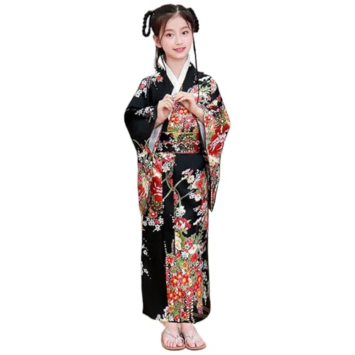 AOpghY Kinder Kimono für Mädchen Blumendruck Seiden Geisha Kostüm mit hinteren Bogen elegant sanfte Yukata japanische Kimono, Größe 140 Festliche Masquerade Dress -up -Vorräte von AOpghY