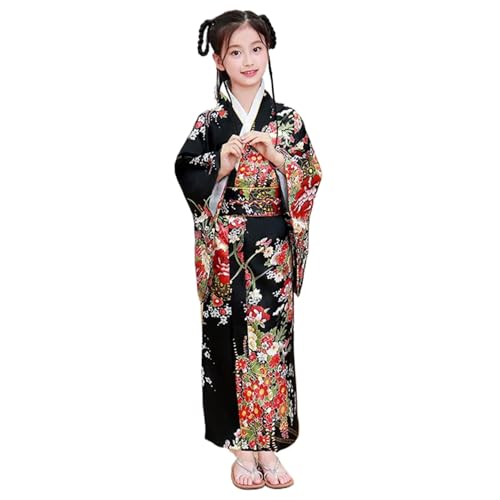 AOpghY Kinder Kimono für Mädchen Blumendruck Seiden Geisha Kostüm mit hinteren Bogen elegant sanfte yukata japanische Kimono, Größe 140 Urlaubskostüme und Dress -up -Vorräte von AOpghY