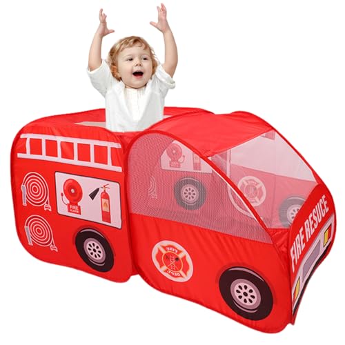 AOpghY Kinder Spielen Zelt Pops-up Lüftung Feuerwehrwagen Gestalt Kinderzelt mit Türflip & Top Eröffnung Polyester Car Kids Playhouse mit Drahtrahmen Feuerwehrauto-Form Kinderzelt von AOpghY