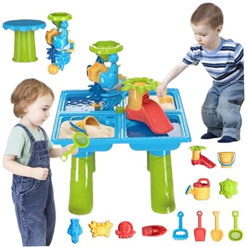 AOpghY Kleinkind Wassertisch Set farbenfrohe interaktive Strandtisch im Freien mit 9 PCs Spielzeugformen 4 Fächer PP Hinterhof Sommersensorte (17x17x22 Zoll) Outdoor -Sportspiele und Spielzeug von AOpghY