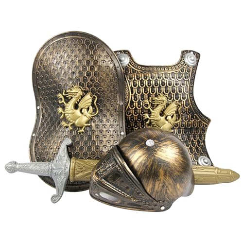 AOpghY Knight Costume Kids, 4pcs/Set Dress Up Knight -Rüstungsset umfasst mittelalterliche Rüstung, Schild, Schwert und Helm, Plastikpanzerkostüm für Jungen Cosplay Party Supplies von AOpghY