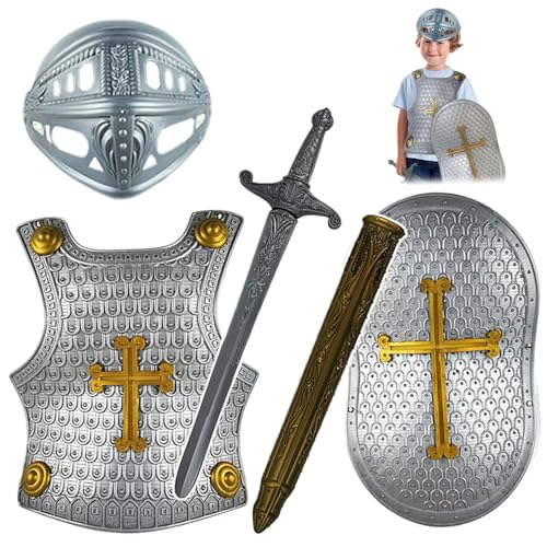 AOpghY Knight Costume Kids 4pcs/Set Cross Muster mittelalterliche Ritterpanzerung Beinhaltet Helm, Schild, Schwert und Körperpanzer, Kinder Dress -up -Kostüme Urlaub und Maskerade -Dress -up -Vorräte von AOpghY