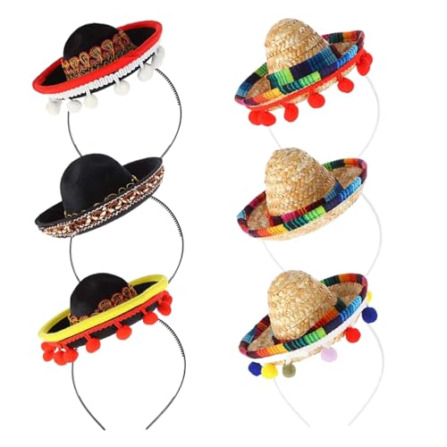 AOpghY Mini Sombrero Hats 6pcs kleine Sombrero Party Hüte mit Haar Hoop Mexikanische Party Gefälligkeiten für Menschen mexikanische Party Dekorationen Stirnband tun Spiele Vorräte Vorräte von AOpghY