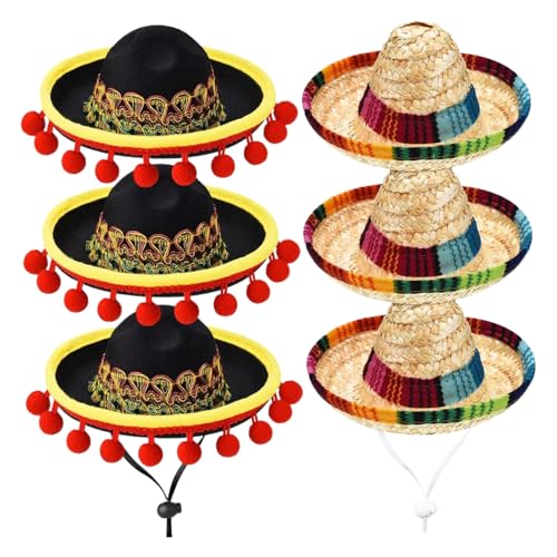 AOpghY Mini-Sombrero-Hüte, 6 Stück, kleine Sombrero-Partyhüte mit verstellbarem Kinnriemen, mexikanische Partygeschenke, Kinnriemen, Verkleidungs- und Rollenspielzubehör von AOpghY