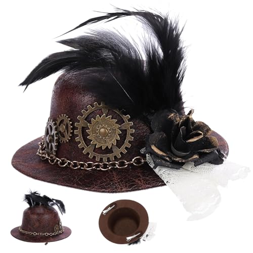 AOpghY Mini -Top -Hut Halloween Steampunk Hut mit Zahnrad, Kette schwarz Rose und Federn, Mini Steampunk Hut mit Haarclip Mini Top Hut von AOpghY