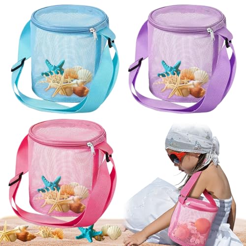 AOpghY Muschelbeutel 3PCS große Kapazität Sammeln sammeln Bag Zylindrisch -Mesh Beach Bag, Sand Toy Bag mit verstellbaren Trageträgern und Reißverschluss im Freien Sportspiele und Spielzeug im Freien von AOpghY