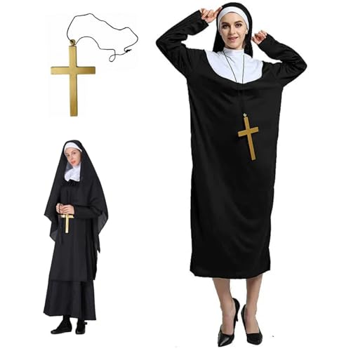 AOpghY Nonne Kostüme für Frauen Nonne Outfit mit Kopfbedeckung und Gold Cross Religiöser Damenkleid Kostüme, L Festliche Maskerade -Kleidungszubehör von AOpghY