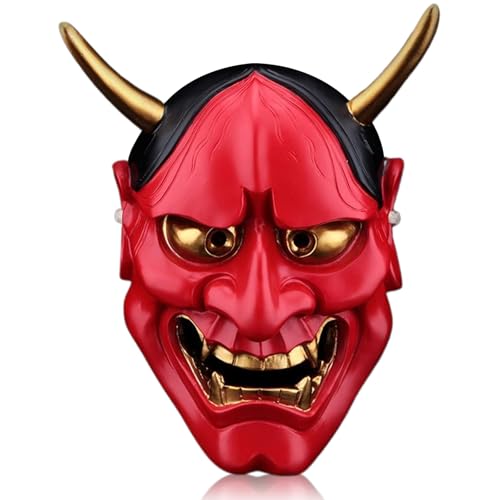 AOpghY Samurai Maske Vollge Gesicht Scary Japanische Maske 6.7x9.8in Harz Hannya Maske mit Horn- und Kopfgurt Halloween -Maske, rote Masquerade Dress -up -Vorräte von AOpghY