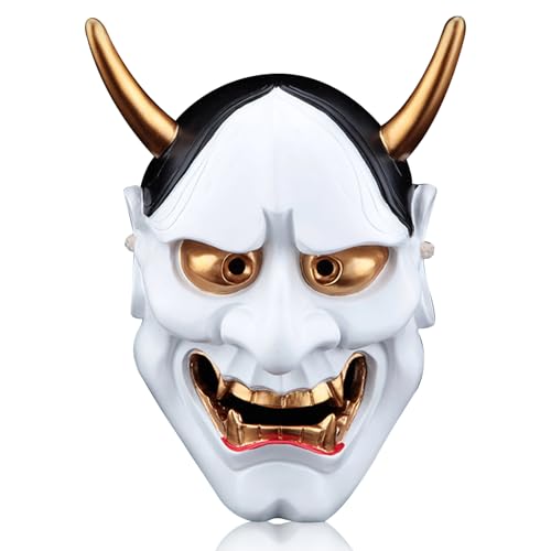 AOpghY Samurai Maske Vollgesicht gruselige japanische Maske 6.7x9.8in Harz Hannya Mask mit Horn- und Kopfgurt Halloween Maske, weiße festliche Masquerade -Kleidungszubehör von AOpghY