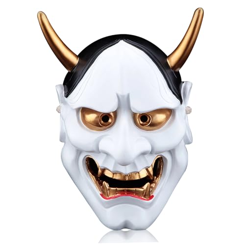 AOpghY Samurai Maske Vollgesicht gruselige japanische Maske 6.7x9.8in Harz Hannya Maske mit Horn- und Kopfband Halloween Maske für Kostüm, Cosplay, Maskerade, weiße Masken von AOpghY