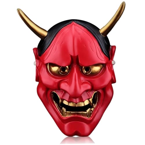 AOpghY Samurai Maske Vollgesicht gruseliger japanischer Maske 6.7x9.8in Harz Hannya Mask mit Horn- und Kopfband Halloween Maske für Kostüm, Maskerade, Red Cosplay -Partyzubehör von AOpghY