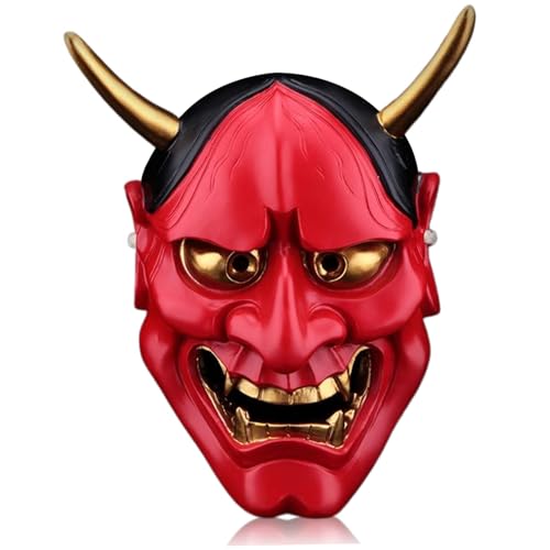 AOpghY Samurai Maske Vollgesicht gruseliger japanischer Maske 6.7x9.8in Harz Hannya Mask mit Horn- und Kopfgurt Halloween Maske, rote Festliche Masquerade -Kleidungsverfügungen von AOpghY