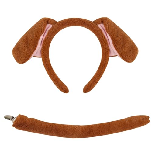 AOpghY Set mit Hundeohren-Stirnband und pelzigem Schwanz, Kaninchen-Samt-Stirnband mit Welpenohren, weicher Hundeschwanz mit Schnallenclip, Stirnband und Schwanz von AOpghY