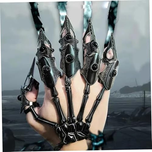 AOpghY Skeletthandarmband mit 5pcs Vollfinger Ringen Punk Gothic Schmuck mit beweglicher Gelenkschachtel Alloy Halloween Schmuck, Schwarze Maskerade Dress -up Vorräte von AOpghY