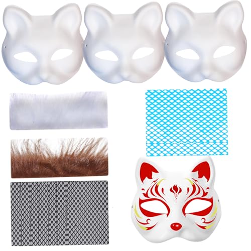 AOpghY Therian-Maske, 3-teiliges Blanko-Halbgesichtsmasken-Set für Katzen mit Fell und Augengitter, weiße Maske zum Selberbemalen, Tiermaske, originelles Verkleidungszubehör von AOpghY