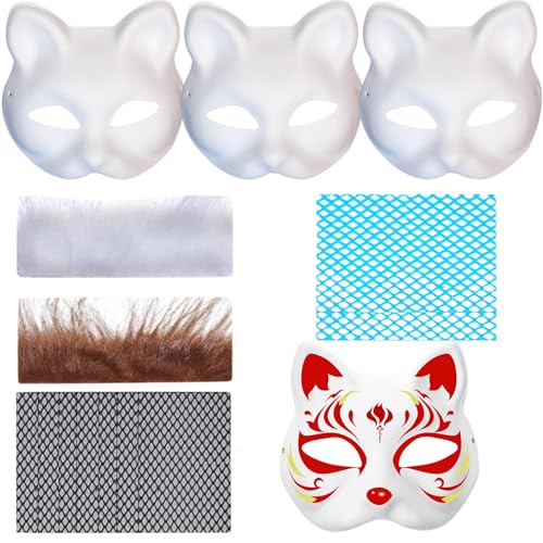 AOpghY Therian Maske, 3pcs Leere Halbgesichtskatze Maske mit Pelzen und Augennetz, DIY, um weiße Maske, Tiermaske für Halloween-Maskerade- und Cosplay-Partys Masken zu malen von AOpghY