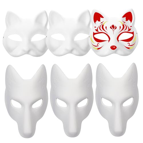 AOpghY Therian Maske 3pcs Katzenmaske ＆ 3pcs Fox Maske, DIY Lackierbar Blindes Katzenmaske Therian mit Gummiband weiße Tiermaske Masquerade Dress endet von AOpghY