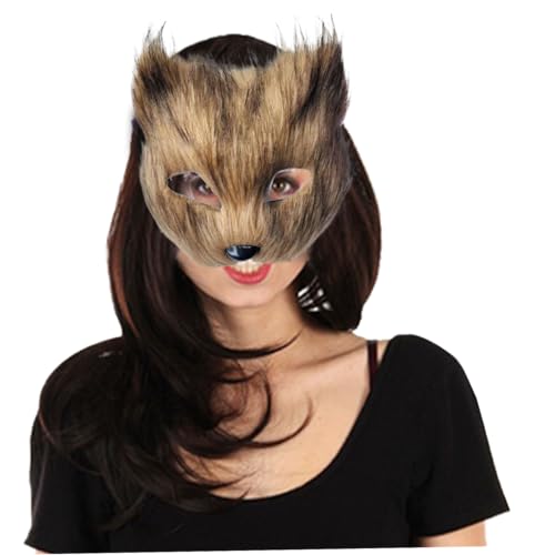 AOpghY Therian Maske Halbgesicht pelzige Maske Halloween Fox Maske mit elastischer Band Katze Maske Therian Ausrüstung Brauner Maskerade Dress-up-Vorräte von AOpghY