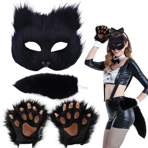 AOpghY Therian Maske mit Halbgesicht, gefälschte Therian Tails und Faux Therian Paws Handschuhe, weiche pelzige Therian-Ausrüstung, pelzig von AOpghY