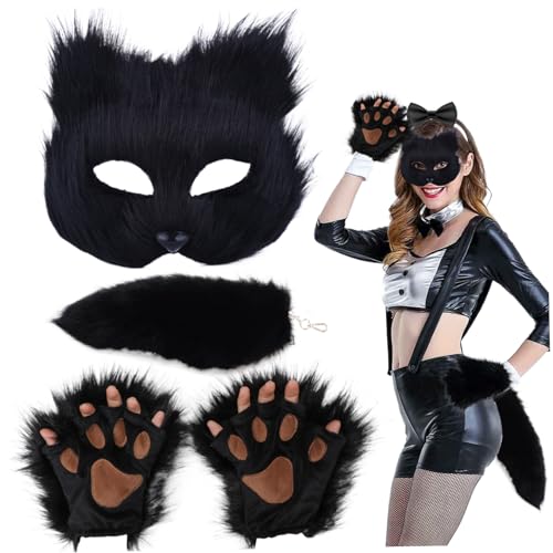 AOpghY Therianische Maske mit halber Gesicht, gefälschte therianische Schwänze und Faux Therian Paws Handschuhe, weiche pelzige Therian-Ausrüstung, pelzig von AOpghY