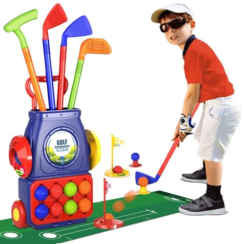 AOpghY Toddler Golf -Set tragbares Indoor -Kindergolf -Golf -Set enthält 1 Wagen, 8 Bälle, 2 Basen, 2 Löcher, 4 Clubs und 1 Putting Mat, Kleinkind Golf Kleinkind Golf Set von AOpghY