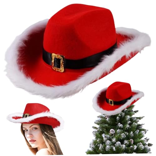 AOpghY Weihnachtsmütze, lustige Cowboy-Weihnachtsmannmütze mit gebogenem Rand und weißen Rändern, Weihnachtsmann-Cowboymütze mit Kinnriemen, festliches Maskenball-Verkleidungszubehör von AOpghY