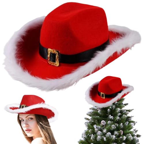 AOpghY Weihnachtsmütze, lustige Cowboy-Weihnachtsmannmütze mit gebogenem Rand und weißen pelzigen Rändern, Weihnachtsmann-Cowboymütze mit Kinnriemen, Einheitsgröße, Verkleidungszubehör von AOpghY